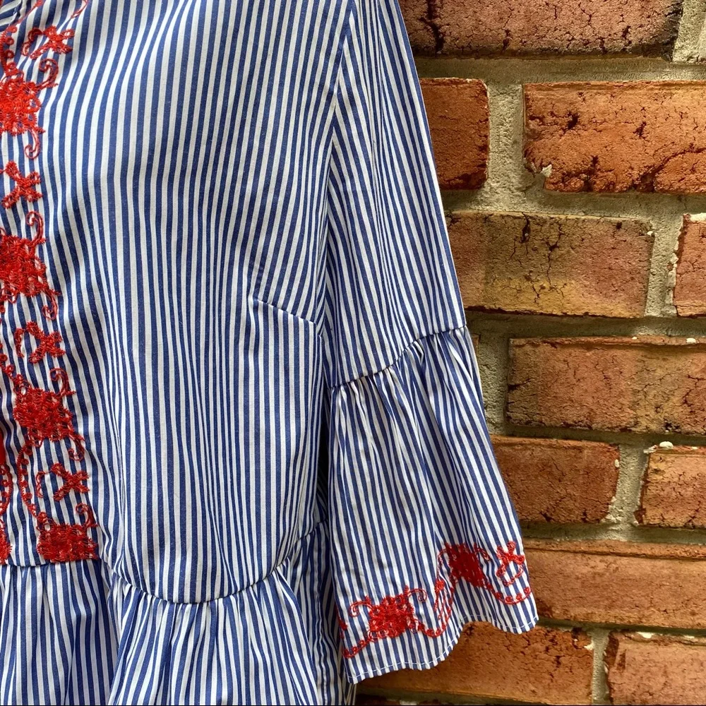 Primark Blue White Striped Blouse Red Embroidery - Picture 5 of 8
